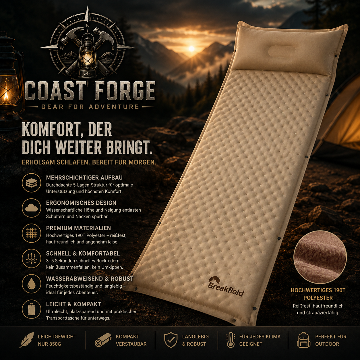 Selbstaufblasende Isomatte für Camping & Trekking