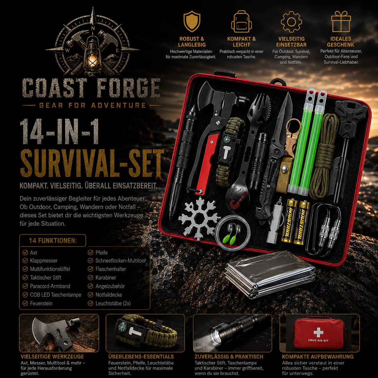 SurvivalForge 14-in-1 Survival- & Notfallset