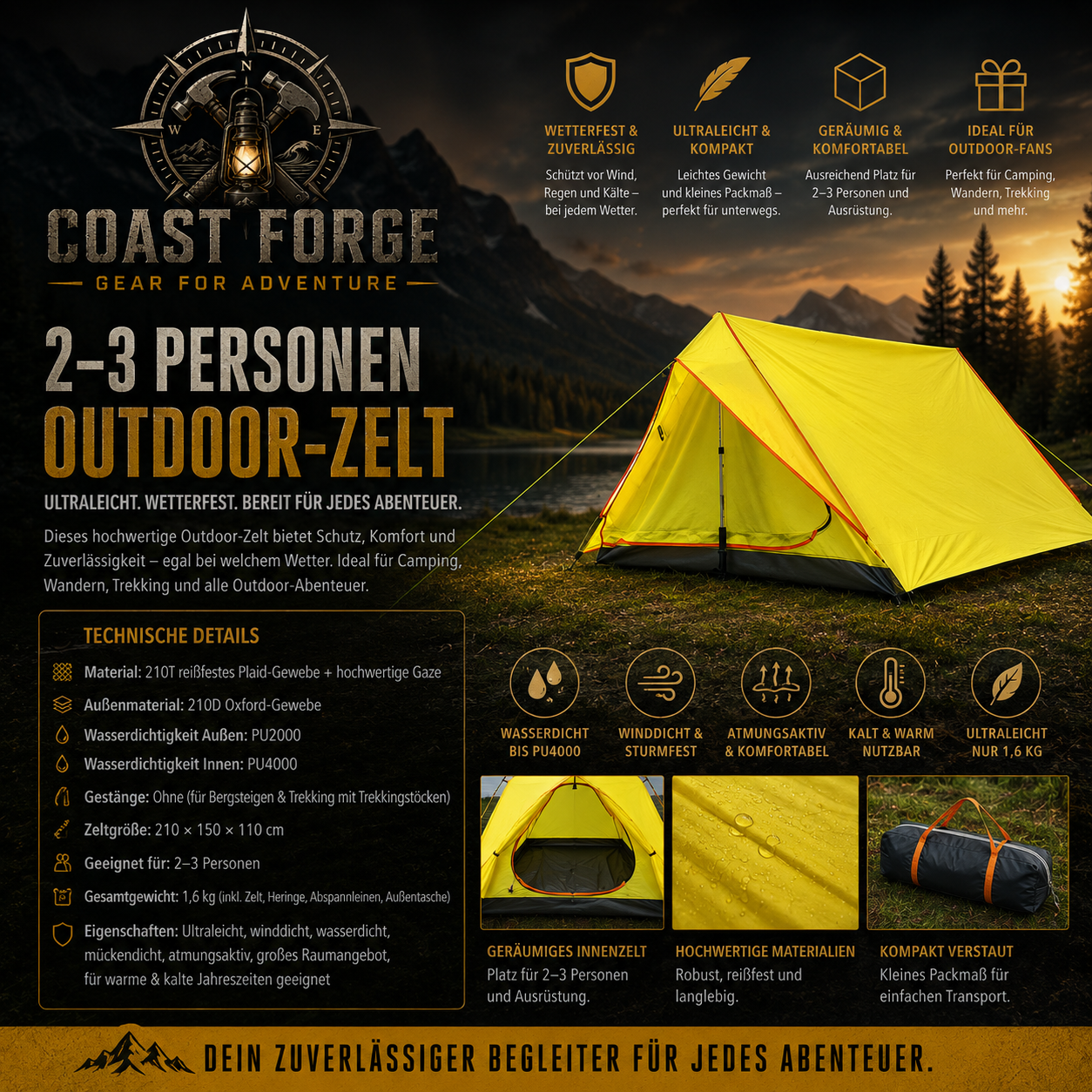 Ultraleichtes 2–3 Personen Zelt für Trekking & Camping