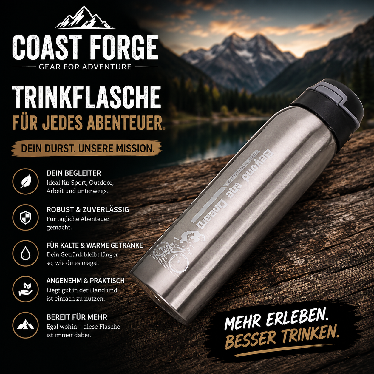 Edelstahl Trinkflasche für Outdoor, Sport & Alltag